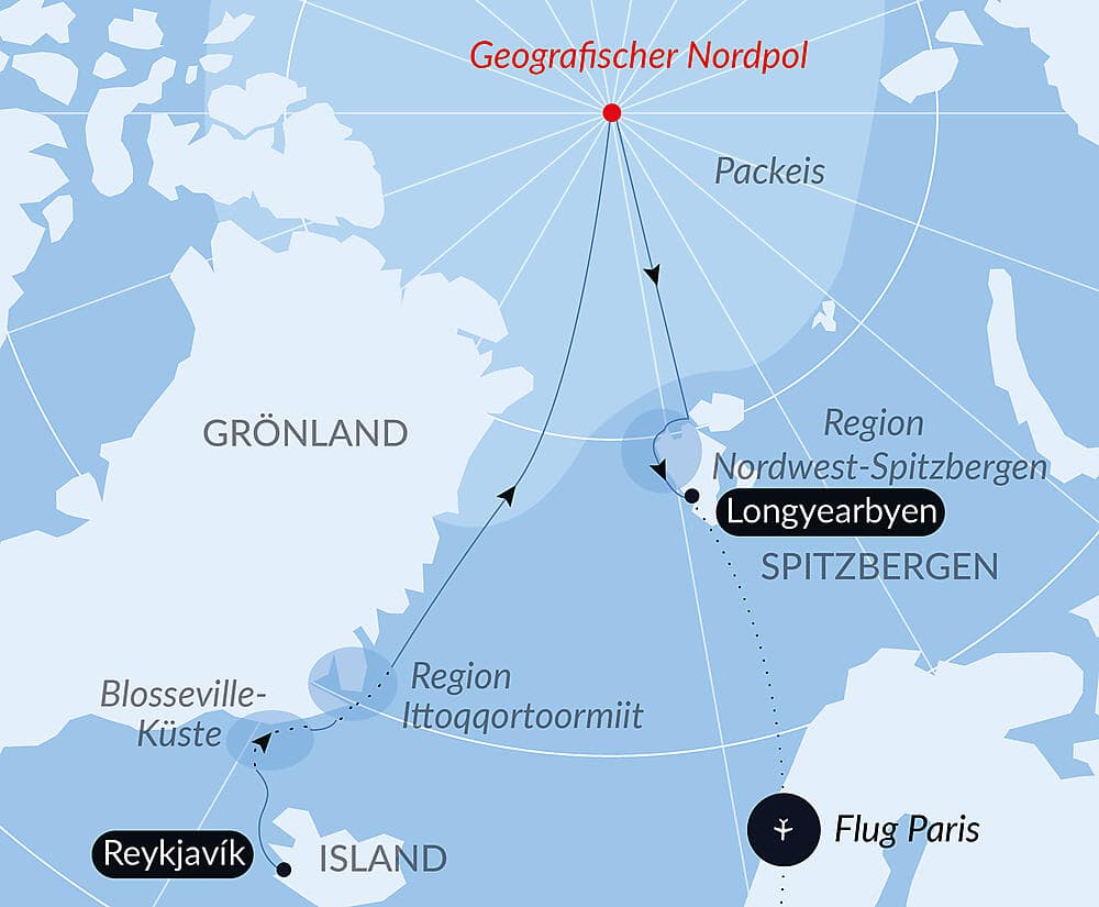 Der geografische Nordpol und die Ostküste Grönlands