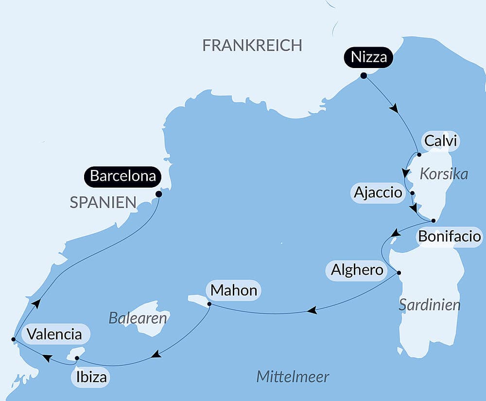 Korsika, Sardinien und iberische Küsten