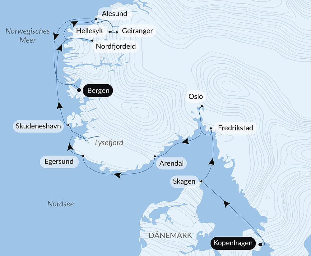Skandinavische Städte und norwegische Fjorde